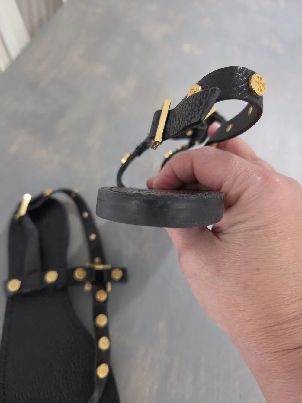 Tory BURCH Black Leather T-Strap Sandals with Gold Studs